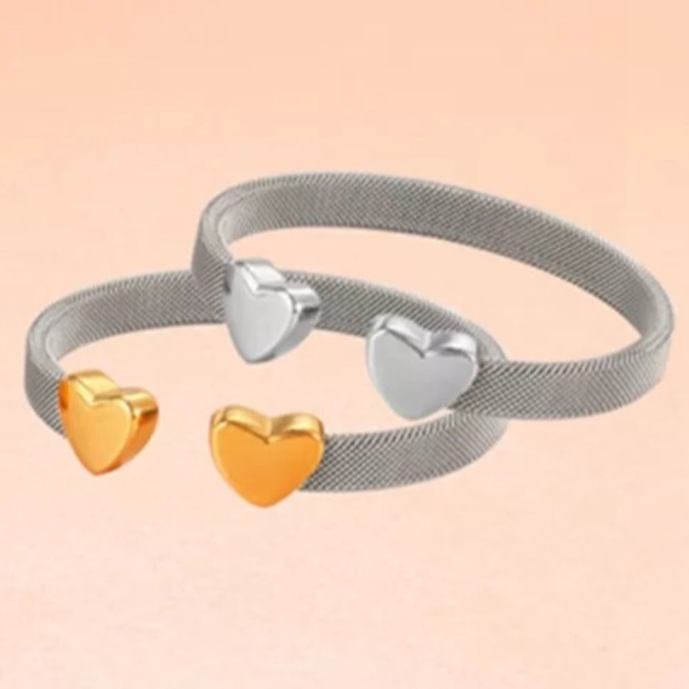 Beautiful Mesh Open Bangle Bracelet w/Hearts-Stainless Steel